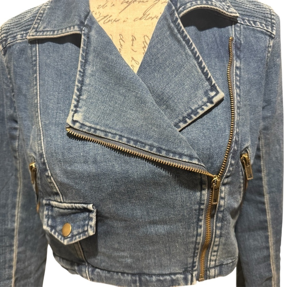 Free People Denim Cropped Moto Jacket Women’s Size Small - Picture 2 of 12